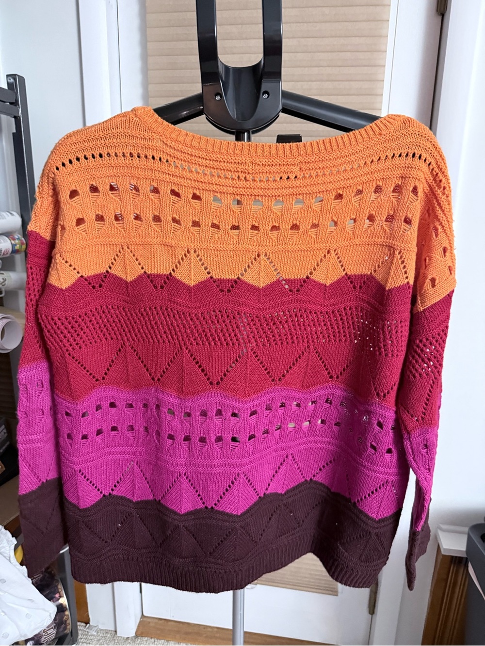 Open-Knit Colorblock Crewneck Sweater in Orange, Pink, Red & Brown Cottagecore - Picture 9 of 10